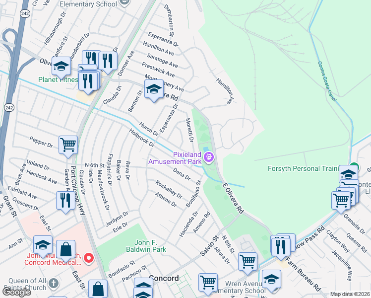 map of restaurants, bars, coffee shops, grocery stores, and more near 3337 Moretti Drive in Concord