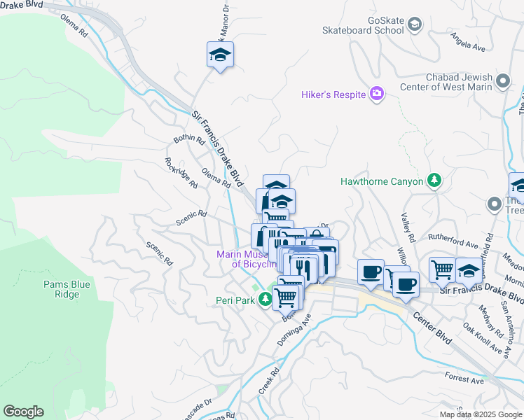 map of restaurants, bars, coffee shops, grocery stores, and more near 2090 Sir Francis Drake Boulevard in Fairfax