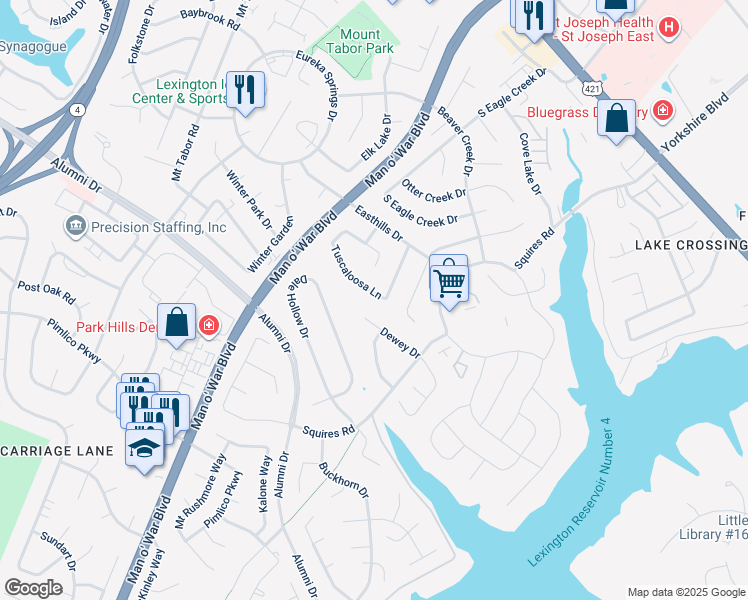 map of restaurants, bars, coffee shops, grocery stores, and more near 2956 Tuscaloosa Lane in Lexington
