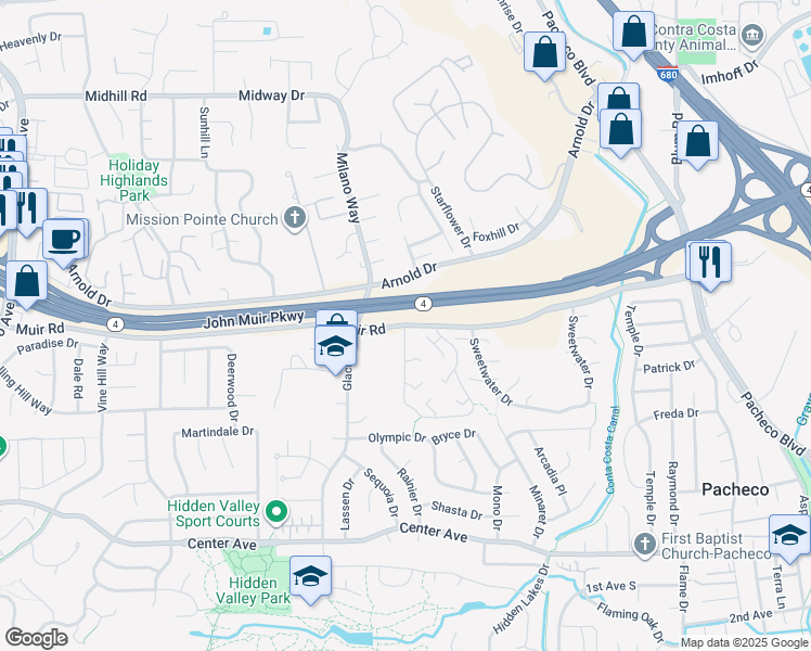 map of restaurants, bars, coffee shops, grocery stores, and more near Muir Road & Fountainhead Court in Martinez