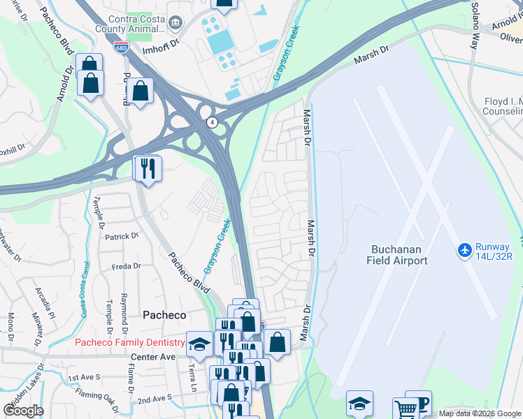 map of restaurants, bars, coffee shops, grocery stores, and more near 281 Aria Drive in Pacheco