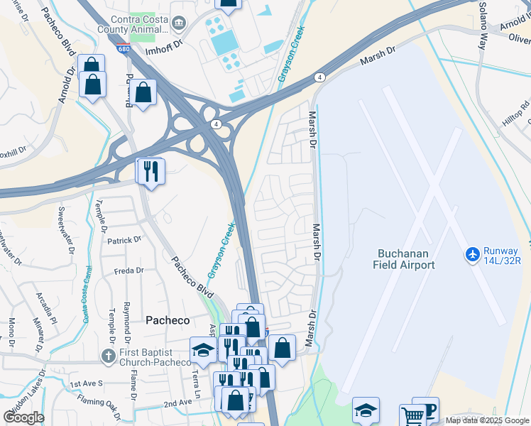 map of restaurants, bars, coffee shops, grocery stores, and more near 281 Aria Drive in Pacheco