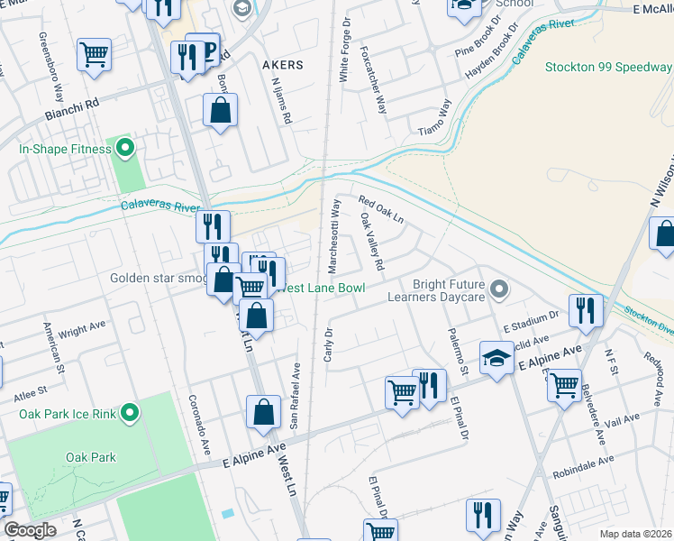 map of restaurants, bars, coffee shops, grocery stores, and more near 3906 Marchesotti Way in Stockton