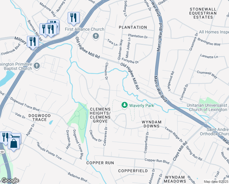map of restaurants, bars, coffee shops, grocery stores, and more near 4225 Steamboat Road in Lexington