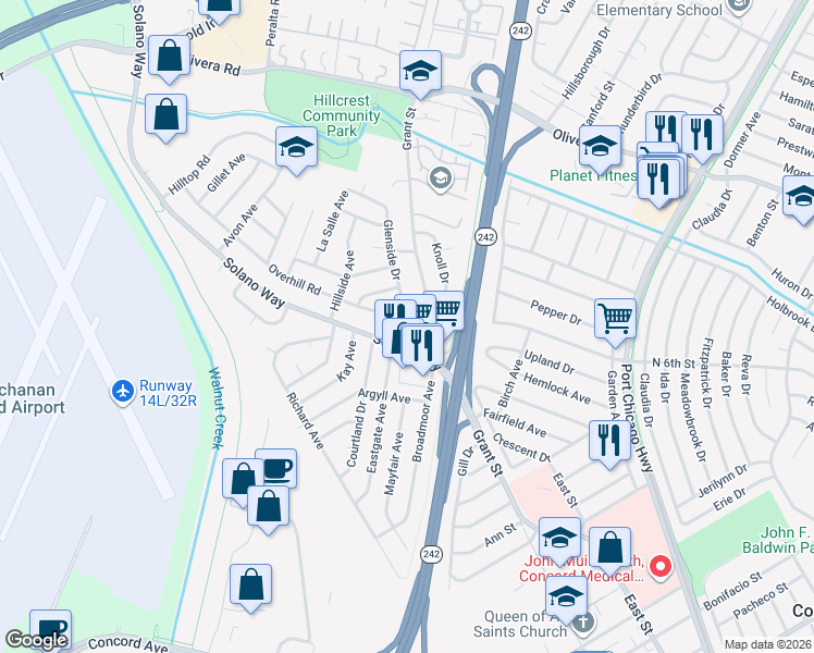 map of restaurants, bars, coffee shops, grocery stores, and more near 2089 Solano Way in Concord