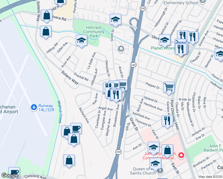 map of restaurants, bars, coffee shops, grocery stores, and more near 2102 Overhill Road in Concord