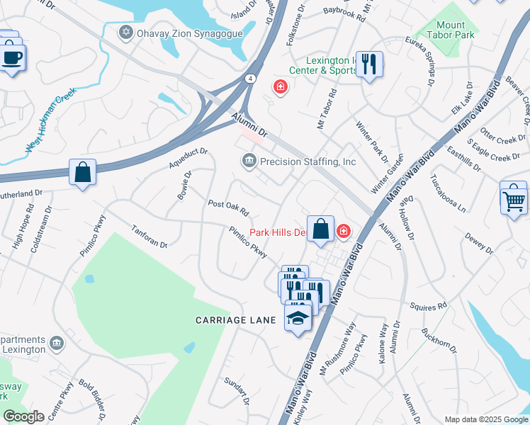 map of restaurants, bars, coffee shops, grocery stores, and more near 3201 Post Oak Court in Lexington