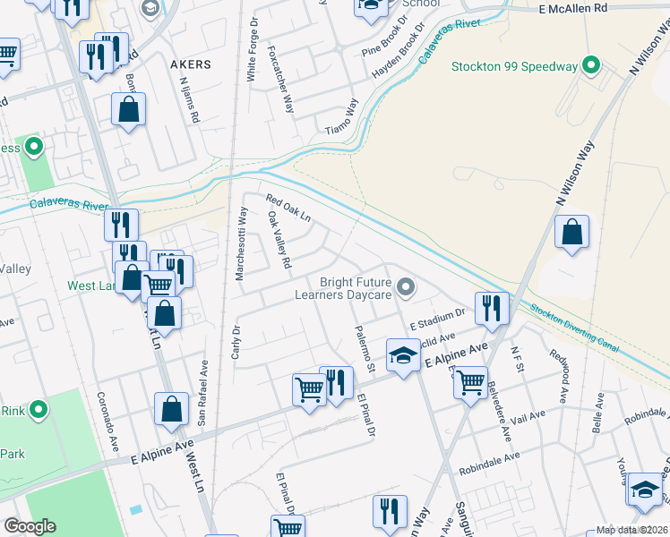 map of restaurants, bars, coffee shops, grocery stores, and more near 2060 Mighty Oak Drive in Stockton