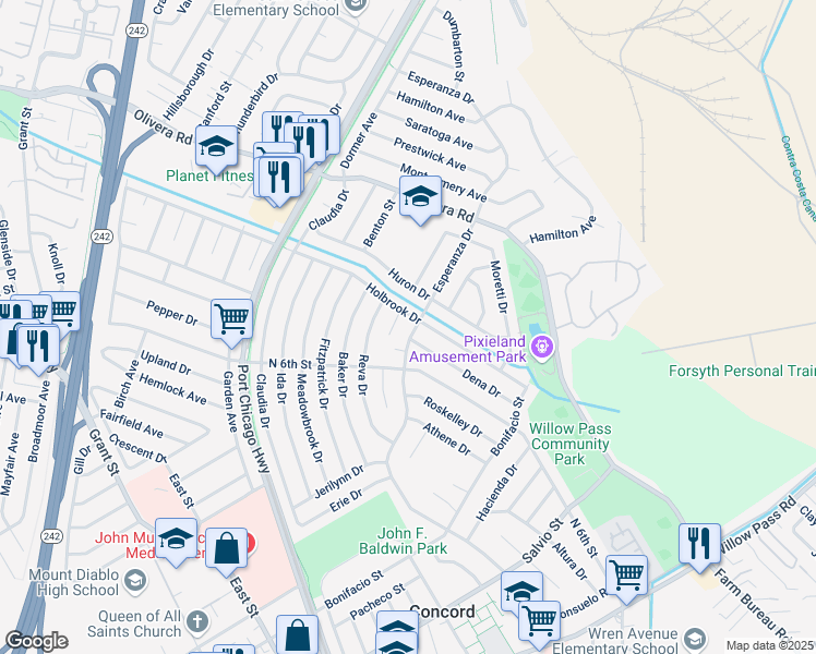 map of restaurants, bars, coffee shops, grocery stores, and more near 3231 Esperanza Drive in Concord