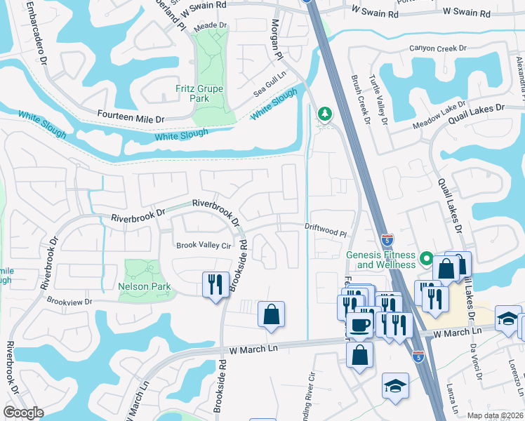 map of restaurants, bars, coffee shops, grocery stores, and more near 5322 Sage Court in Stockton