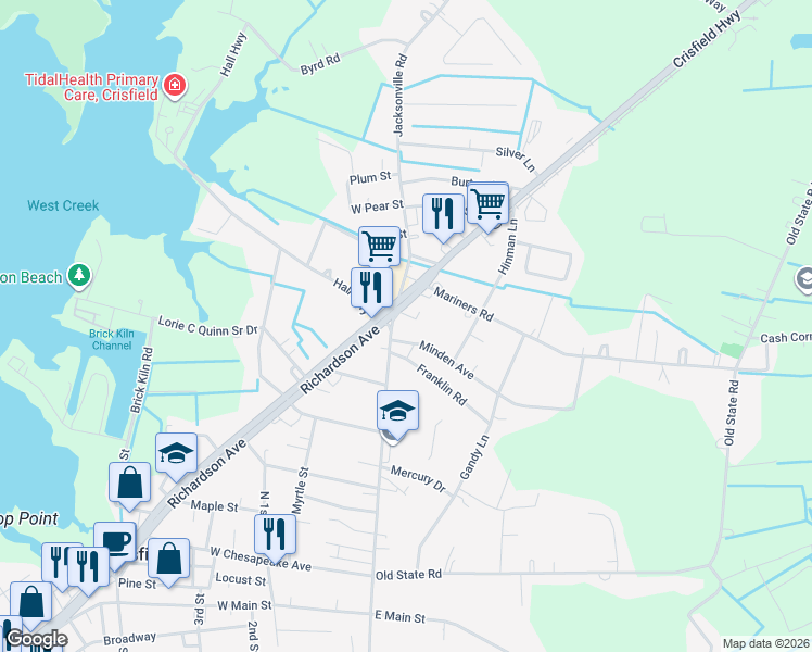 map of restaurants, bars, coffee shops, grocery stores, and more near 262 North Somerset Avenue in Crisfield