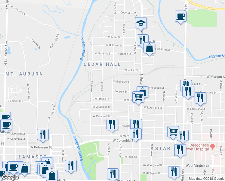map of restaurants, bars, coffee shops, grocery stores, and more near 1399 North 7th Avenue in Evansville