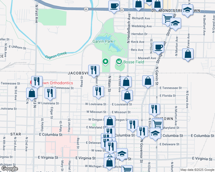map of restaurants, bars, coffee shops, grocery stores, and more near 1404 North Main Street in Evansville