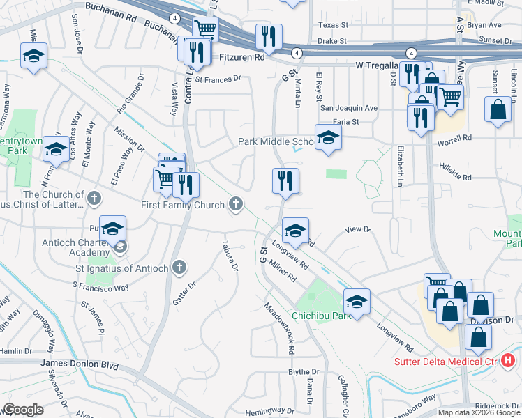 map of restaurants, bars, coffee shops, grocery stores, and more near 920 Gloucester Court in Antioch