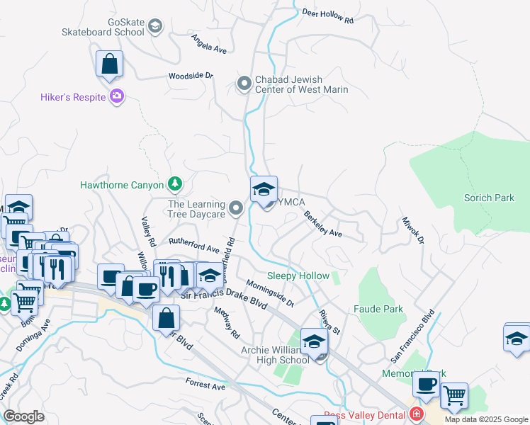 map of restaurants, bars, coffee shops, grocery stores, and more near 116 Butterfield Road in San Anselmo