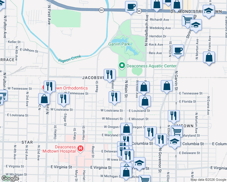 map of restaurants, bars, coffee shops, grocery stores, and more near 31 West Tennessee Street in Evansville