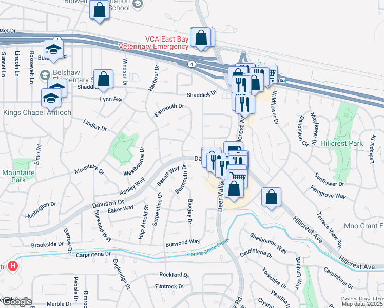 map of restaurants, bars, coffee shops, grocery stores, and more near 1308 Provence Court in Antioch
