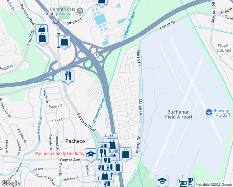 map of restaurants, bars, coffee shops, grocery stores, and more near 287 Aria Drive in Pacheco