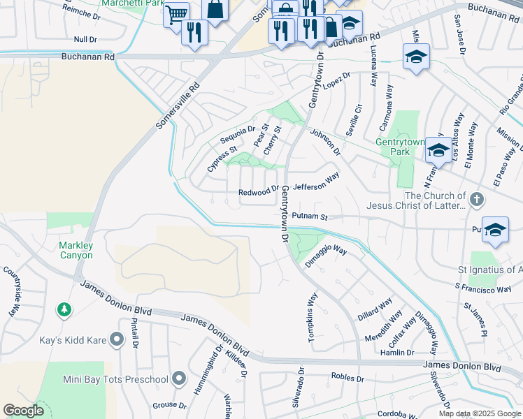 map of restaurants, bars, coffee shops, grocery stores, and more near 3253 Madrone Street in Antioch