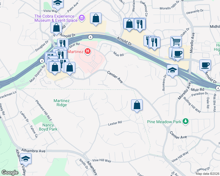 map of restaurants, bars, coffee shops, grocery stores, and more near 1039 Veterans Court in Martinez