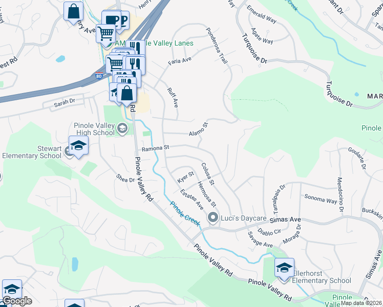 map of restaurants, bars, coffee shops, grocery stores, and more near 2527 Colusa Street in Pinole