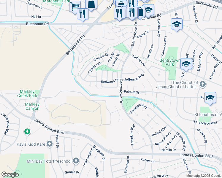 map of restaurants, bars, coffee shops, grocery stores, and more near 3253 Madrone Street in Antioch
