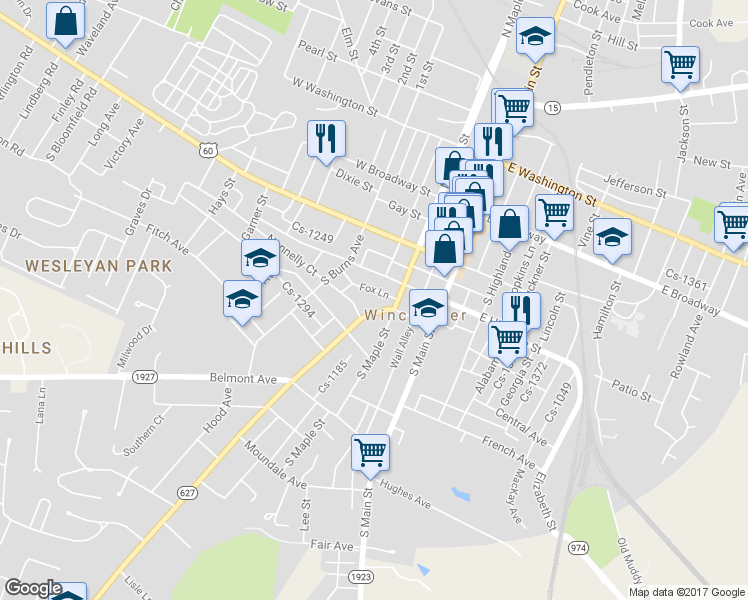 map of restaurants, bars, coffee shops, grocery stores, and more near 117 Boone Avenue in Winchester