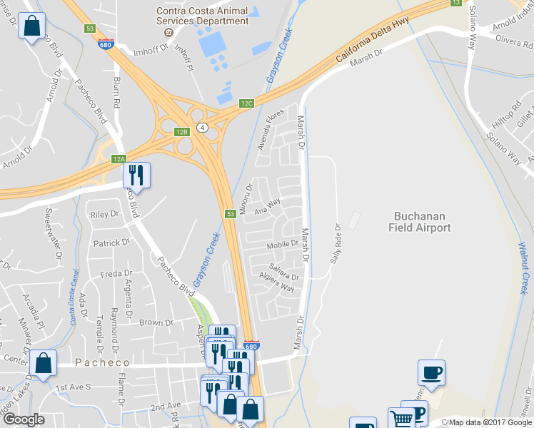 map of restaurants, bars, coffee shops, grocery stores, and more near 241 Carob Way in Pacheco