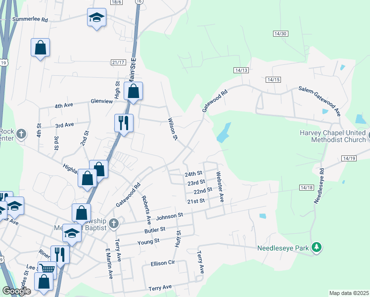 map of restaurants, bars, coffee shops, grocery stores, and more near 539 Gatewood Ave in Oak Hill