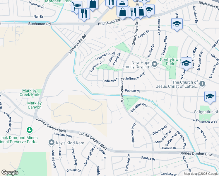 map of restaurants, bars, coffee shops, grocery stores, and more near 3265 Madrone Street in Antioch