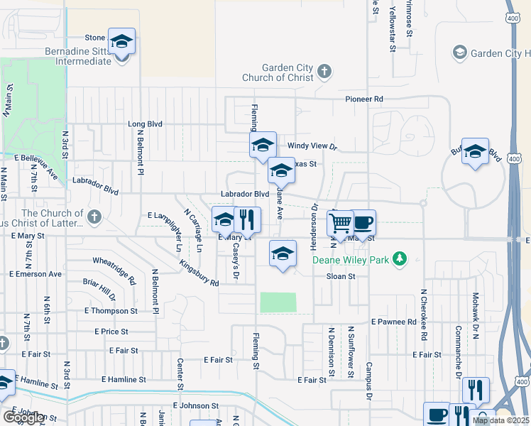 map of restaurants, bars, coffee shops, grocery stores, and more near 2600-2712 Fleming Street in Garden City