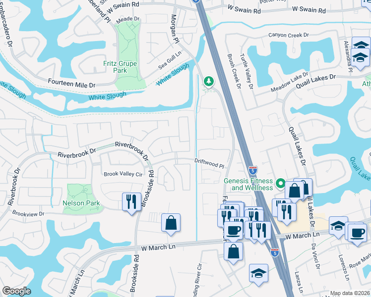 map of restaurants, bars, coffee shops, grocery stores, and more near 3104 Autumn Chase Circle in Stockton