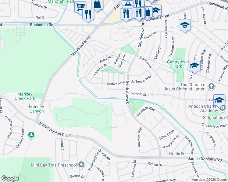 map of restaurants, bars, coffee shops, grocery stores, and more near 3265 Madrone Street in Antioch