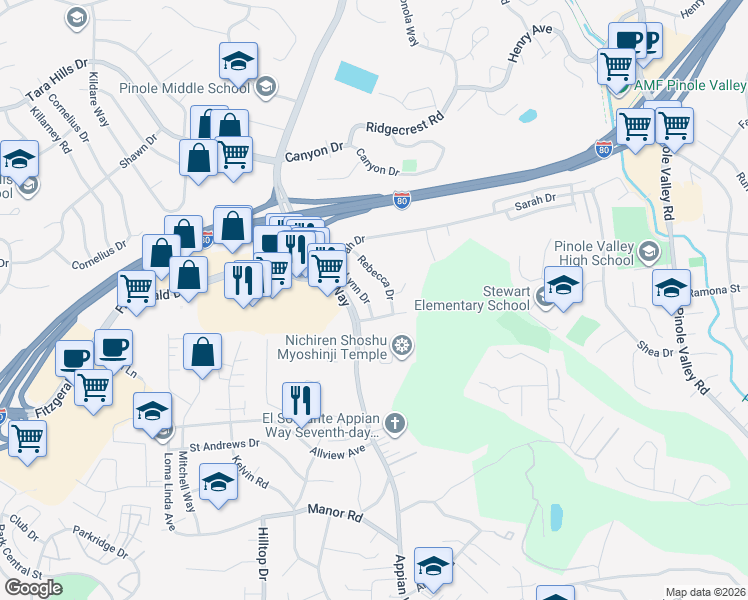 map of restaurants, bars, coffee shops, grocery stores, and more near 2589 Lynn Drive in Pinole