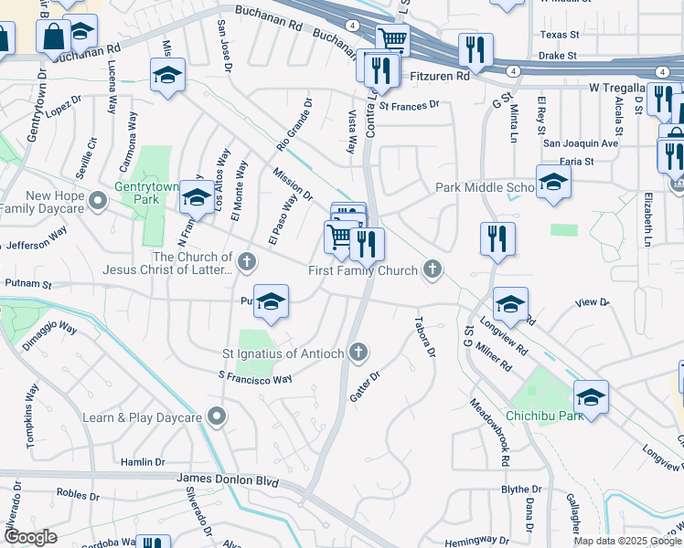 map of restaurants, bars, coffee shops, grocery stores, and more near 3190 Contra Loma Boulevard in Antioch