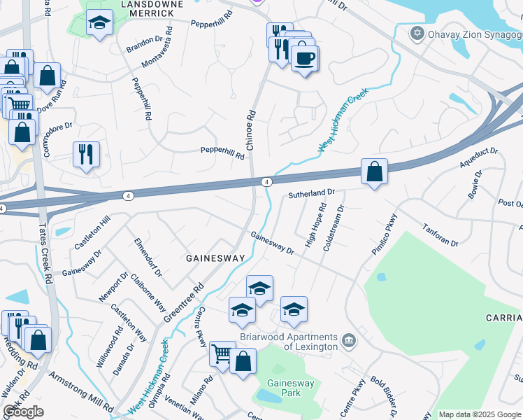 map of restaurants, bars, coffee shops, grocery stores, and more near 3386 Greentree Place in Lexington
