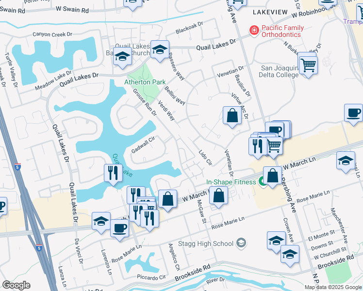 map of restaurants, bars, coffee shops, grocery stores, and more near 4976 Grouse Run Drive in Stockton