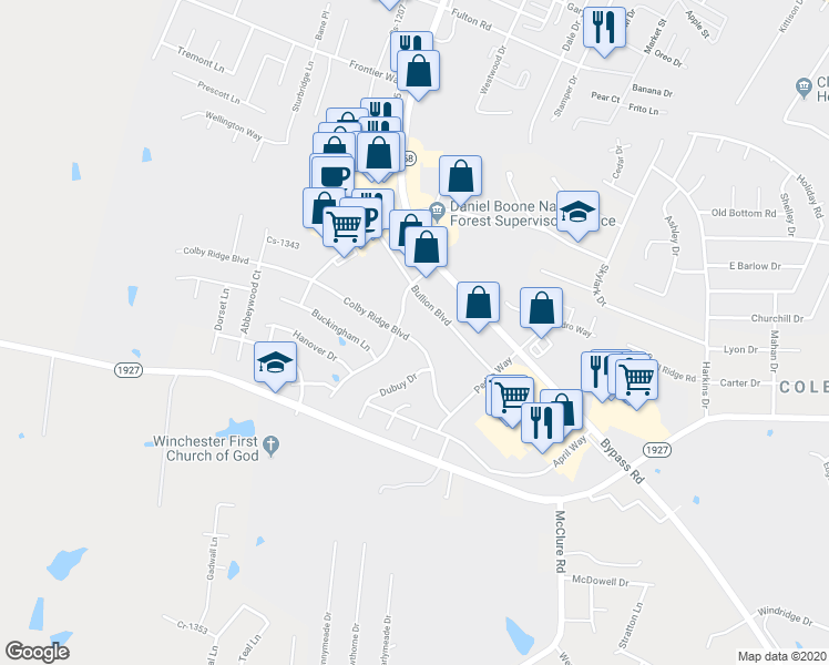 map of restaurants, bars, coffee shops, grocery stores, and more near 388 Colby Ridge Boulevard in Winchester