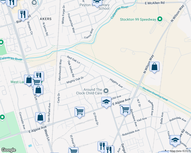 map of restaurants, bars, coffee shops, grocery stores, and more near 3716 Oak Forest Avenue in Stockton