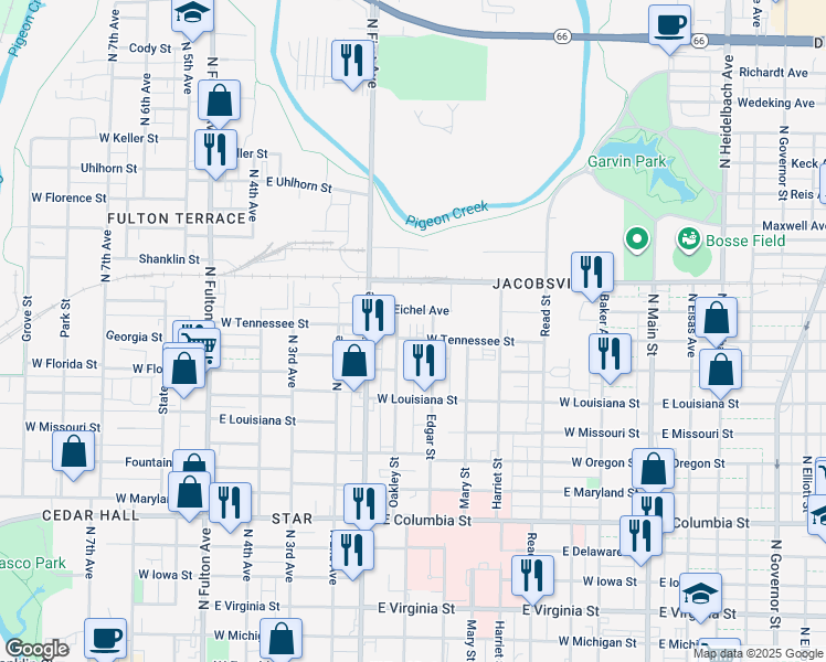 map of restaurants, bars, coffee shops, grocery stores, and more near 617 West Tennessee Street in Evansville