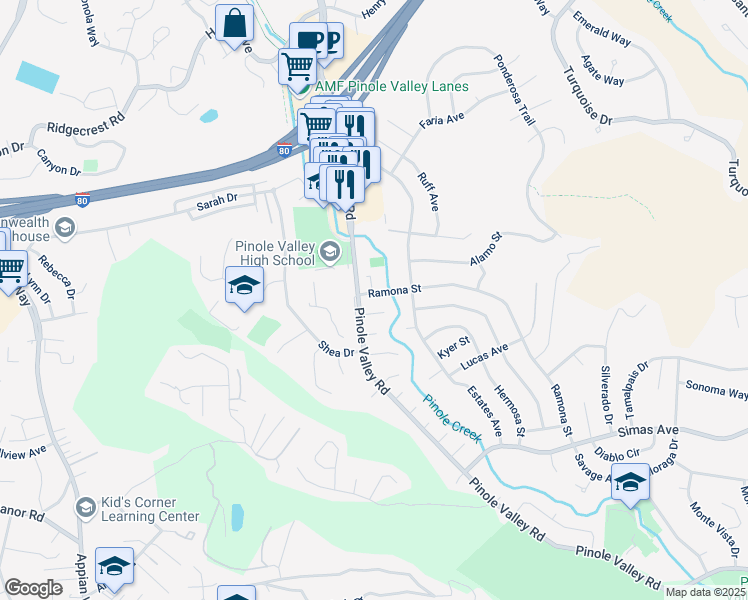 map of restaurants, bars, coffee shops, grocery stores, and more near 2320 Ramona St in Pinole