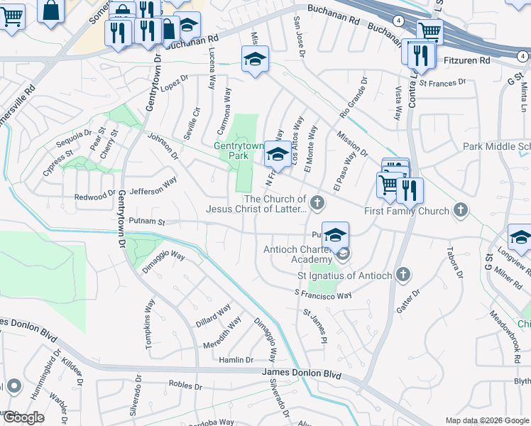 map of restaurants, bars, coffee shops, grocery stores, and more near 1515 Cajon Court in Antioch