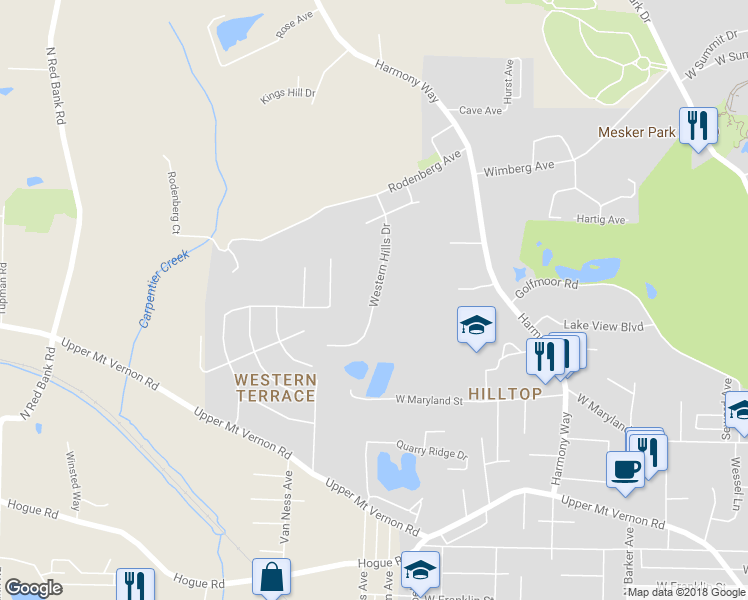 map of restaurants, bars, coffee shops, grocery stores, and more near 1288 Western Hills Drive in Evansville