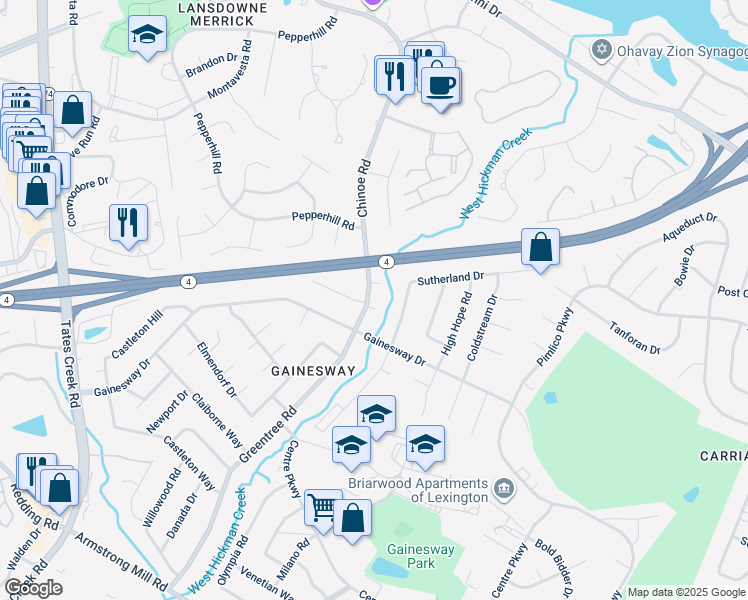 map of restaurants, bars, coffee shops, grocery stores, and more near 3386 Greentree Place in Lexington