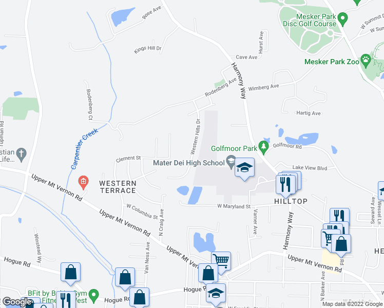 map of restaurants, bars, coffee shops, grocery stores, and more near 1290 Western Hills Drive in Evansville