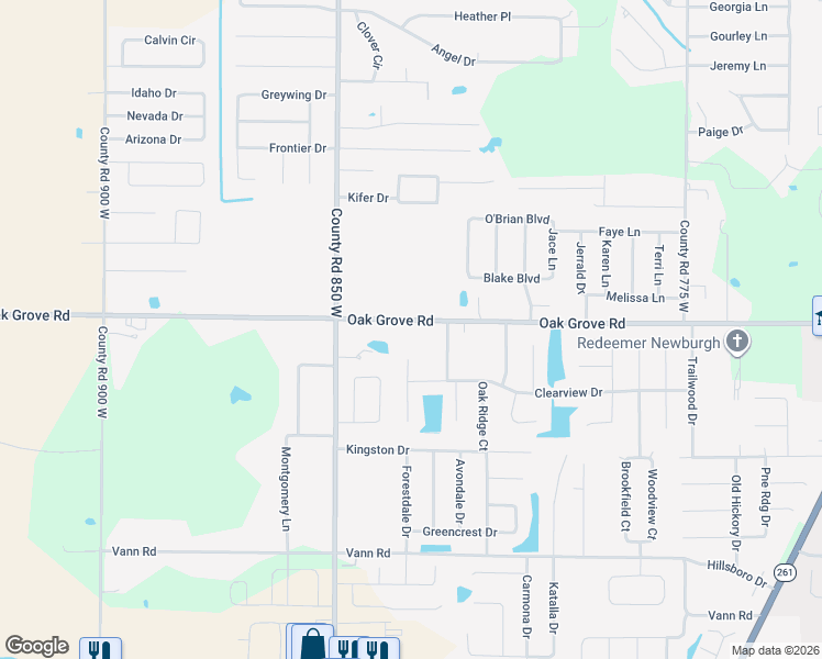 map of restaurants, bars, coffee shops, grocery stores, and more near 8355 Oak Grove Road in Newburgh