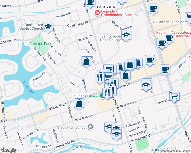 map of restaurants, bars, coffee shops, grocery stores, and more near 1540 Mosaic Way in Stockton