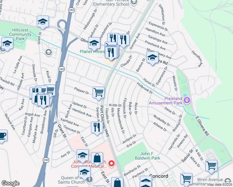map of restaurants, bars, coffee shops, grocery stores, and more near 3230 Meadowbrook Drive in Concord