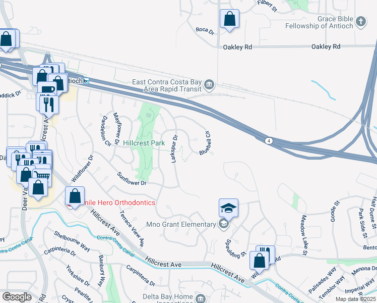 map of restaurants, bars, coffee shops, grocery stores, and more near 2929 Bluebonnet Court in Antioch
