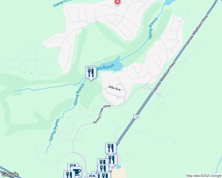 map of restaurants, bars, coffee shops, grocery stores, and more near 107 Villa Avenue in Zion Crossroads